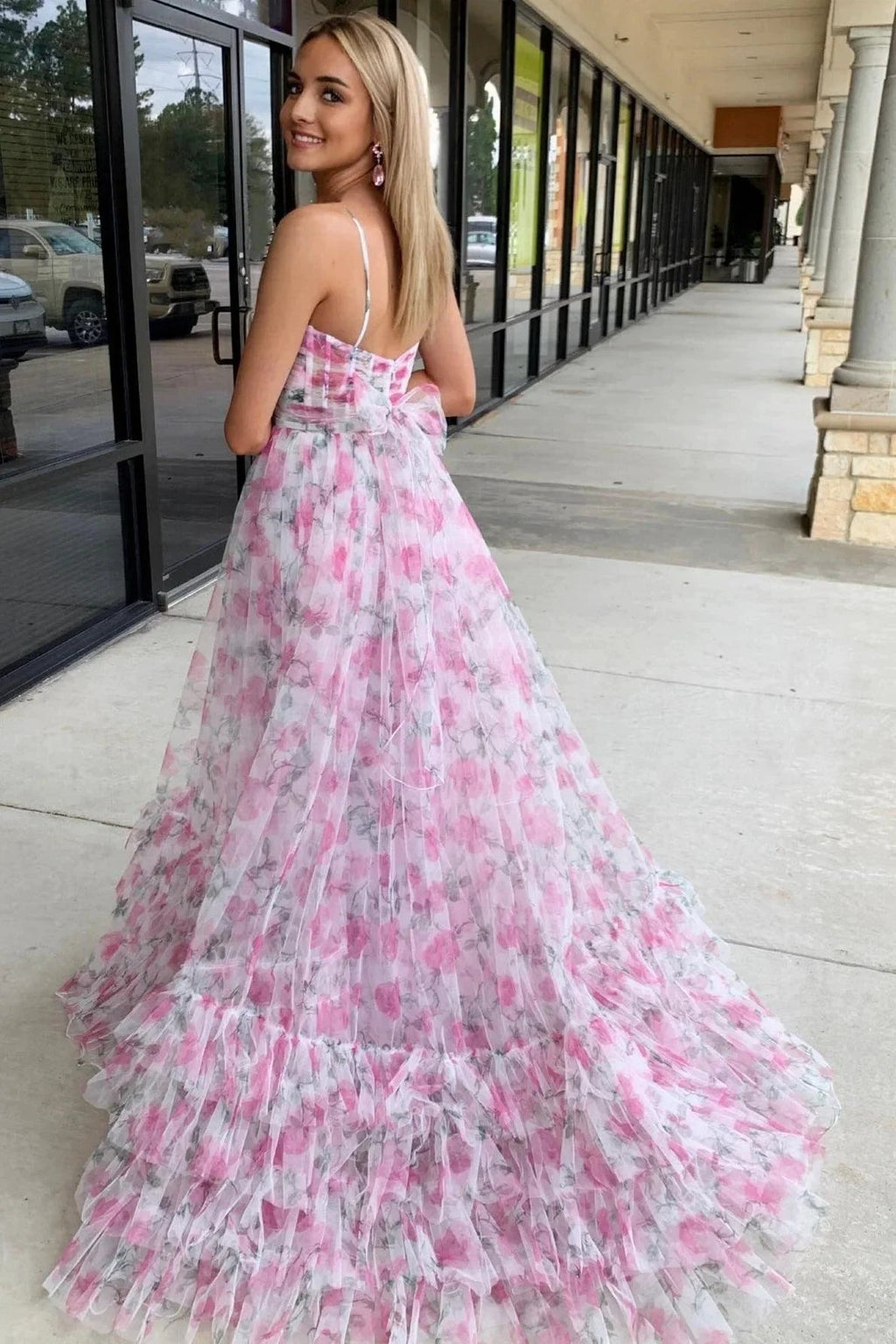 Rita | Pink Print Halter Keyhole A-Line Long Prom Dress by KissProm