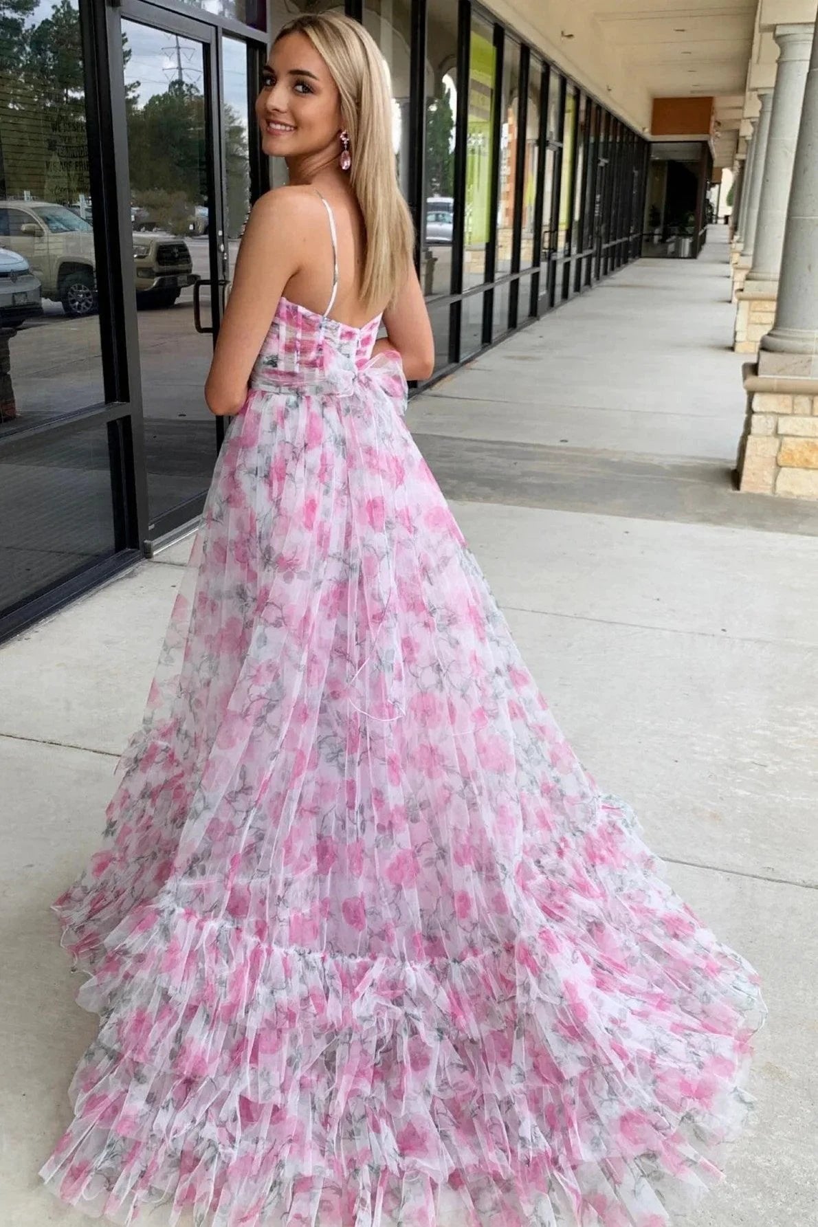 Rita | Pink Print Halter Keyhole A-Line Long Prom Dress by KissProm