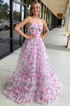 Rita | Pink Print Halter Keyhole A-Line Long Prom Dress by KissProm