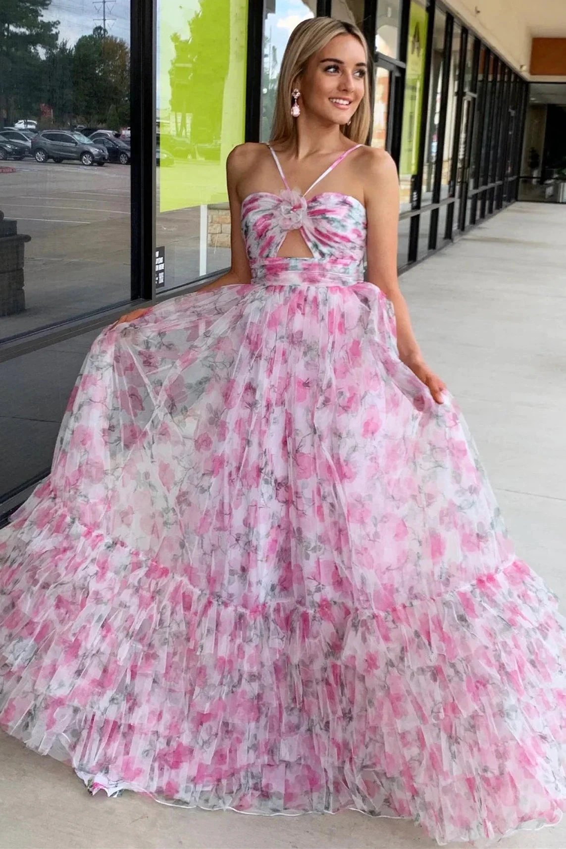 Rita | Pink Print Halter Keyhole A-Line Long Prom Dress by KissProm