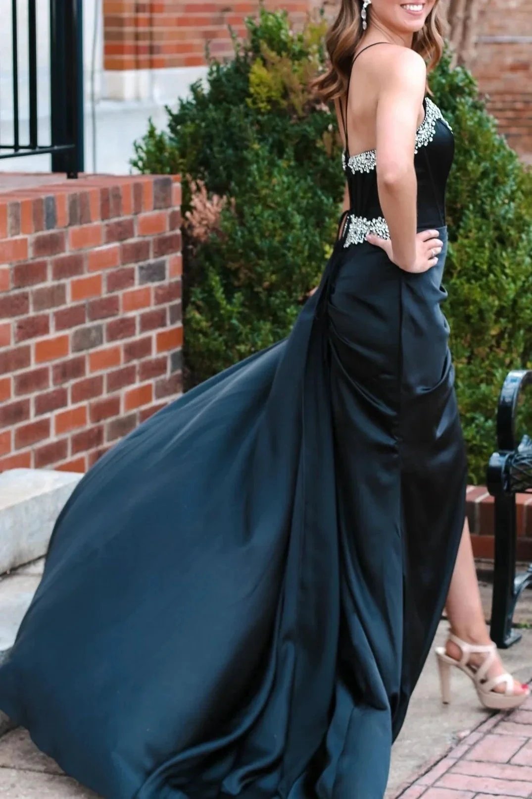 Markie | Black Rhinestone V-Neck Long Formal Dress with Attached Train by KissProm