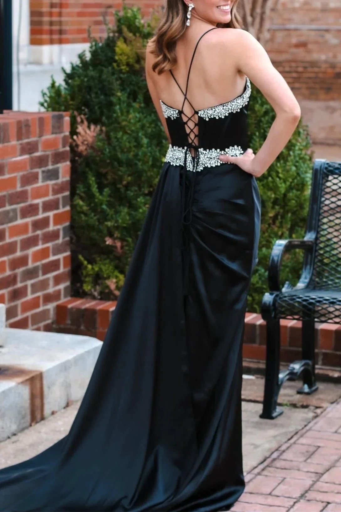 Markie | Black Rhinestone V-Neck Long Formal Dress with Attached Train by KissProm