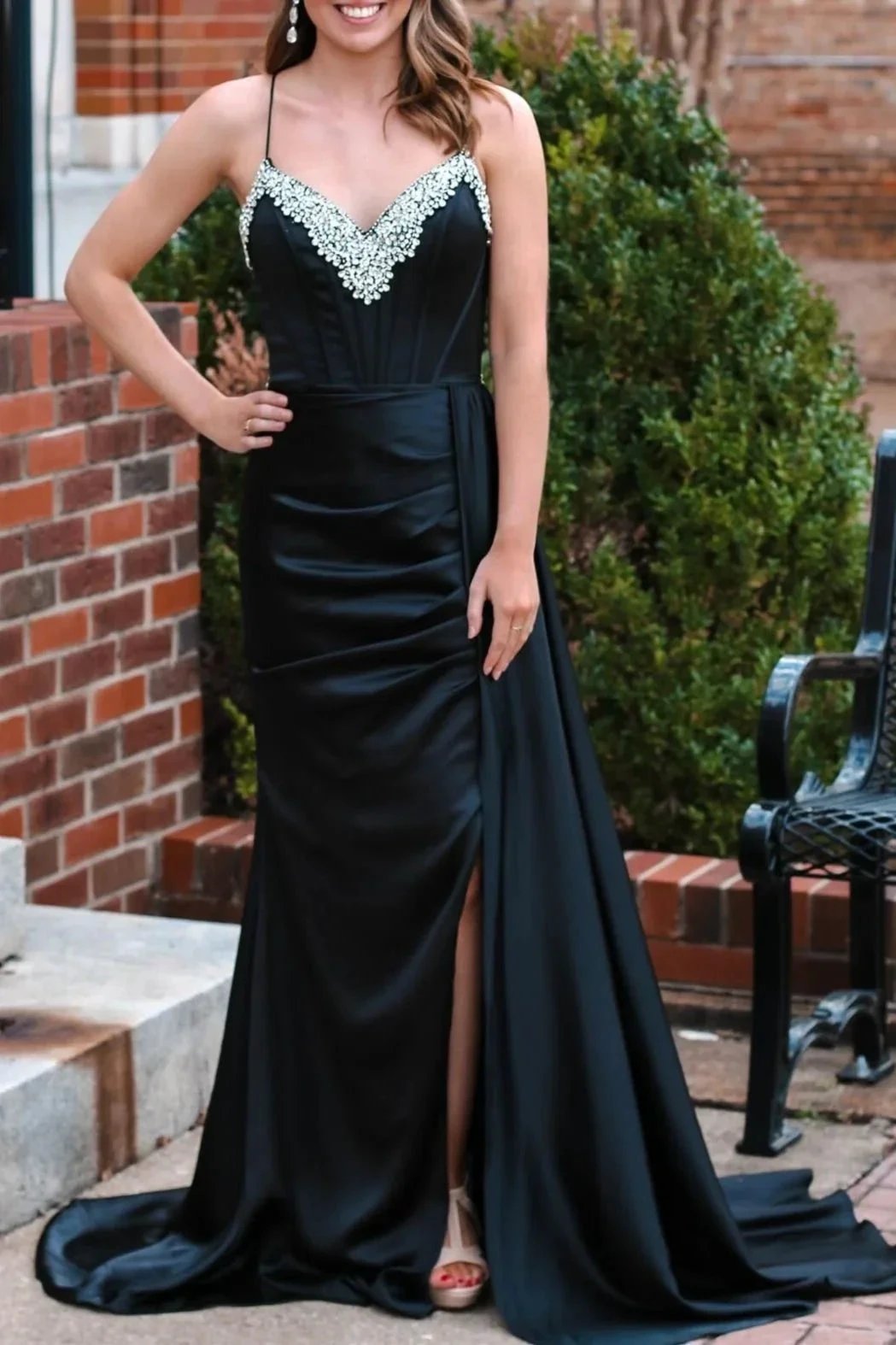 Markie | Black Rhinestone V-Neck Long Formal Dress with Attached Train by KissProm