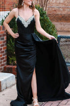 Markie | Black Rhinestone V-Neck Long Formal Dress with Attached Train by KissProm