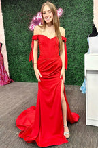 Pamela | Red Off-the-Shoulder Bow Sleeve Mermaid Long Prom Dress with Slit by KissProm