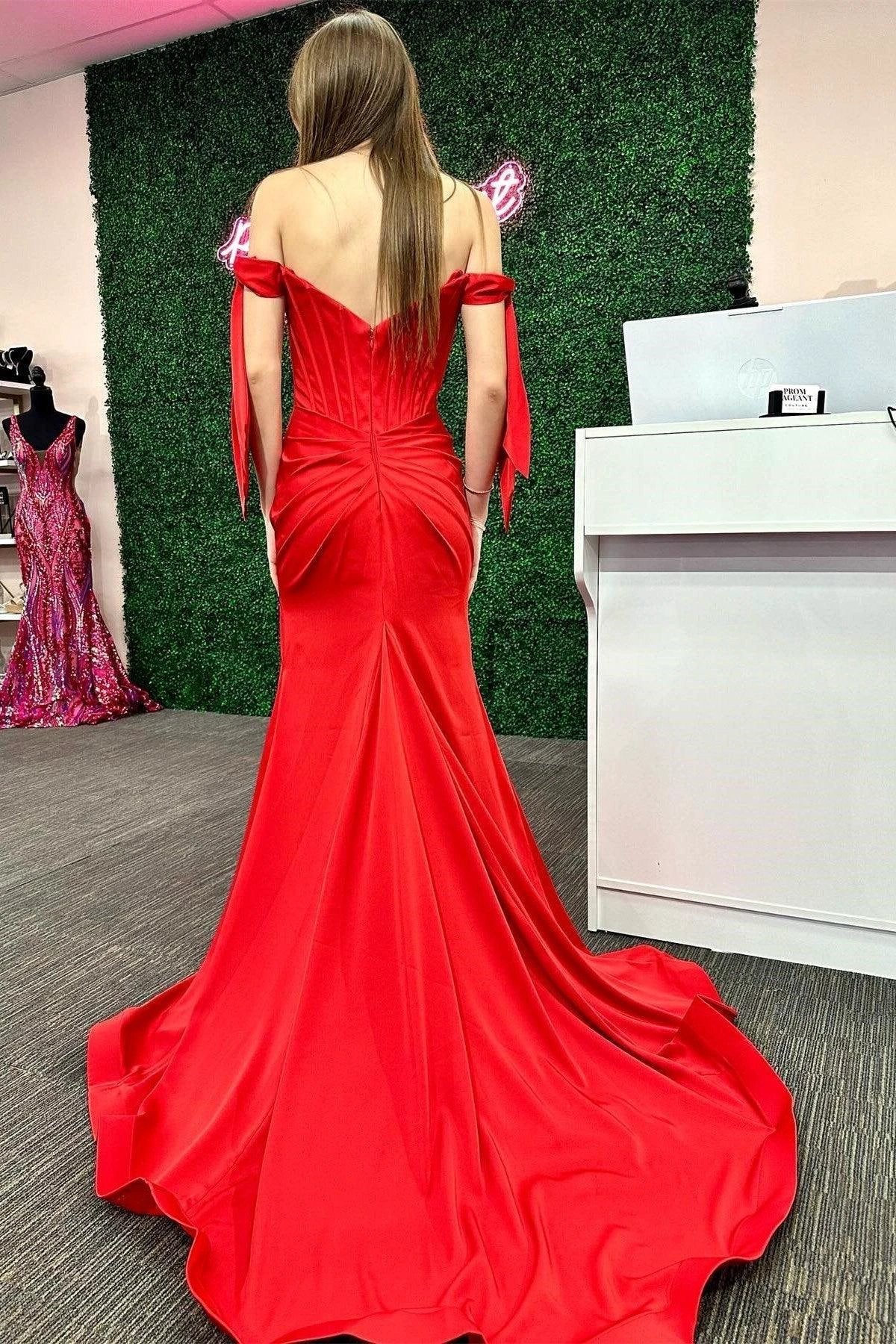 Pamela | Red Off-the-Shoulder Bow Sleeve Mermaid Long Prom Dress with Slit by KissProm