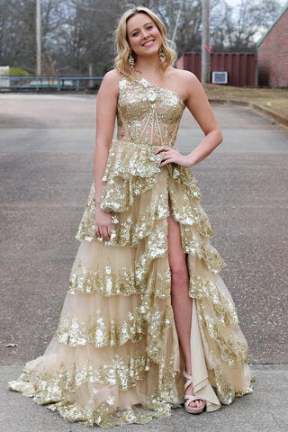 Livia | Langes Ballkleid aus Spitze mit einer Schulter und Stufen