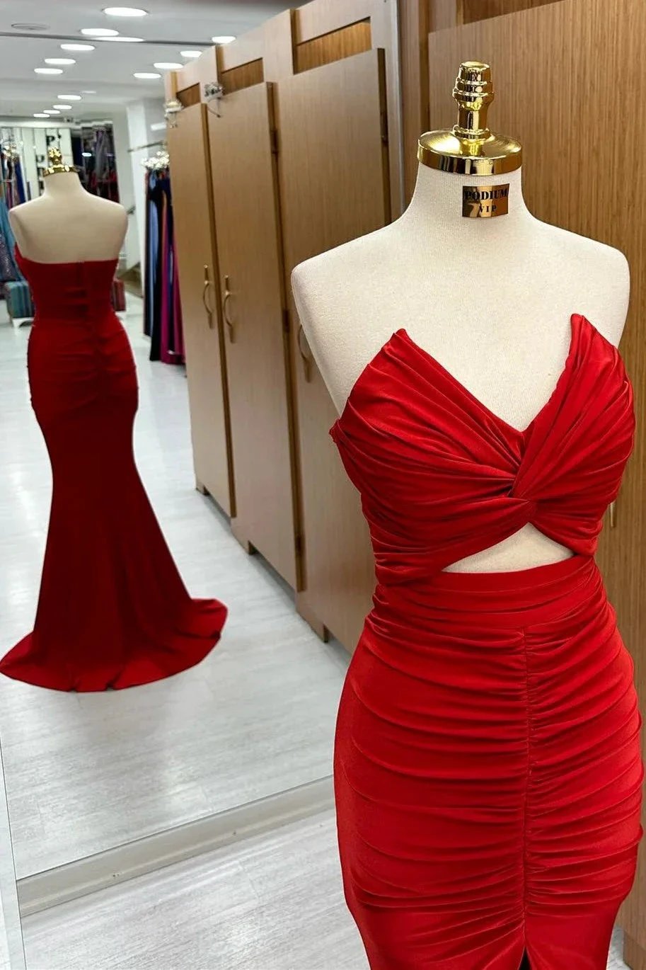 Monique | Red Strapless Twisted Knot Mermaid Long Formal Dress with Slit by KissProm