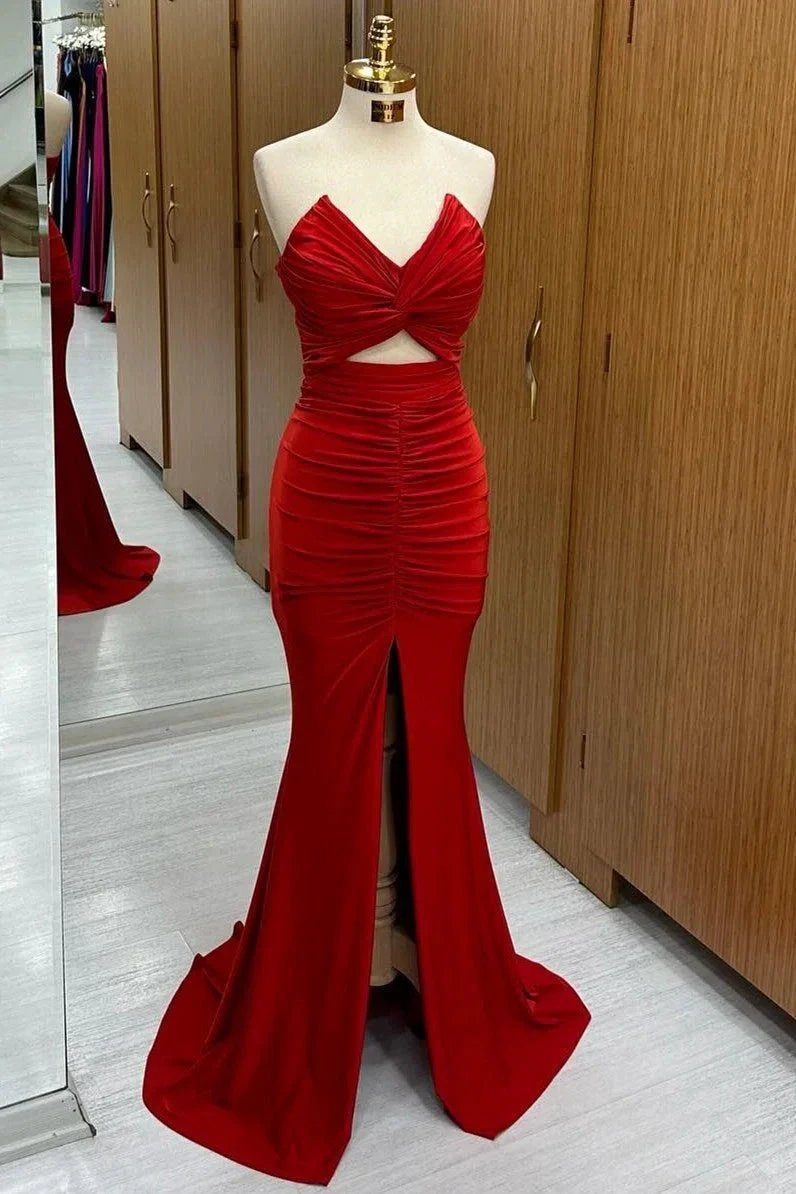 Monique | Red Strapless Twisted Knot Mermaid Long Formal Dress with Slit by KissProm