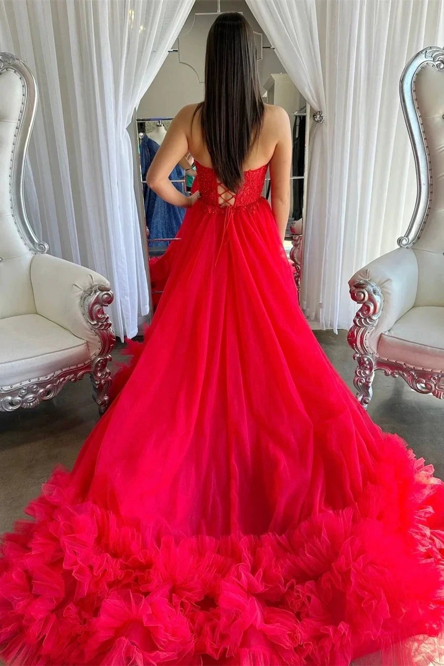 Romy | Red Tulle Appliques Sweetheart Ruffle Long Prom Dress by KissProm