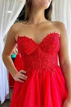 Romy | Red Tulle Appliques Sweetheart Ruffle Long Prom Dress by KissProm