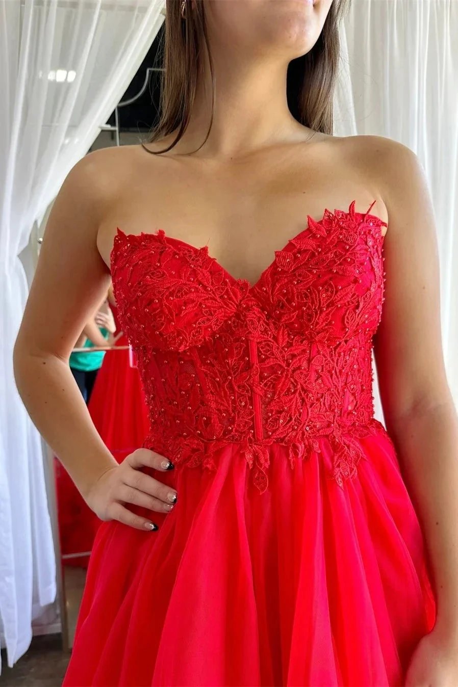 Romy | Red Tulle Appliques Sweetheart Ruffle Long Prom Dress by KissProm