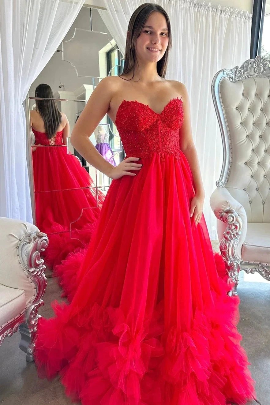Romy | Red Tulle Appliques Sweetheart Ruffle Long Prom Dress by KissProm