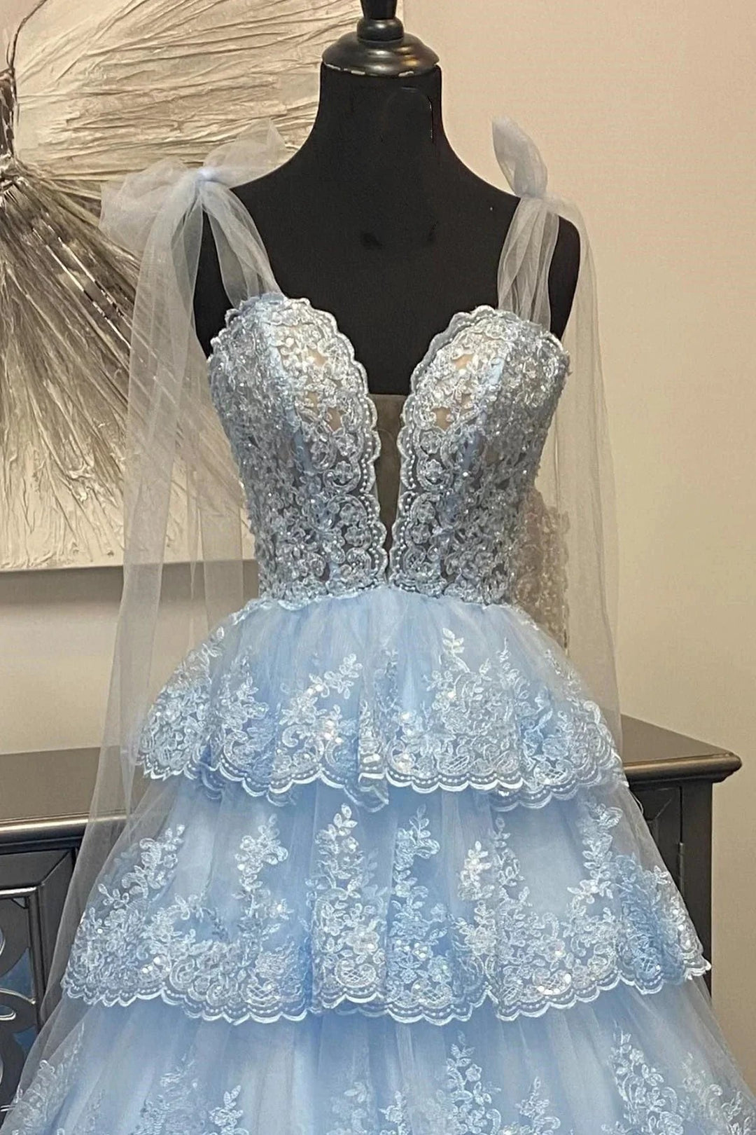 Thelma | Light Blue Tulle Appliques Tying Strap Ruffle Tiered Long Prom Dress by KissProm