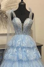 Thelma | Light Blue Tulle Appliques Tying Strap Ruffle Tiered Long Prom Dress by KissProm