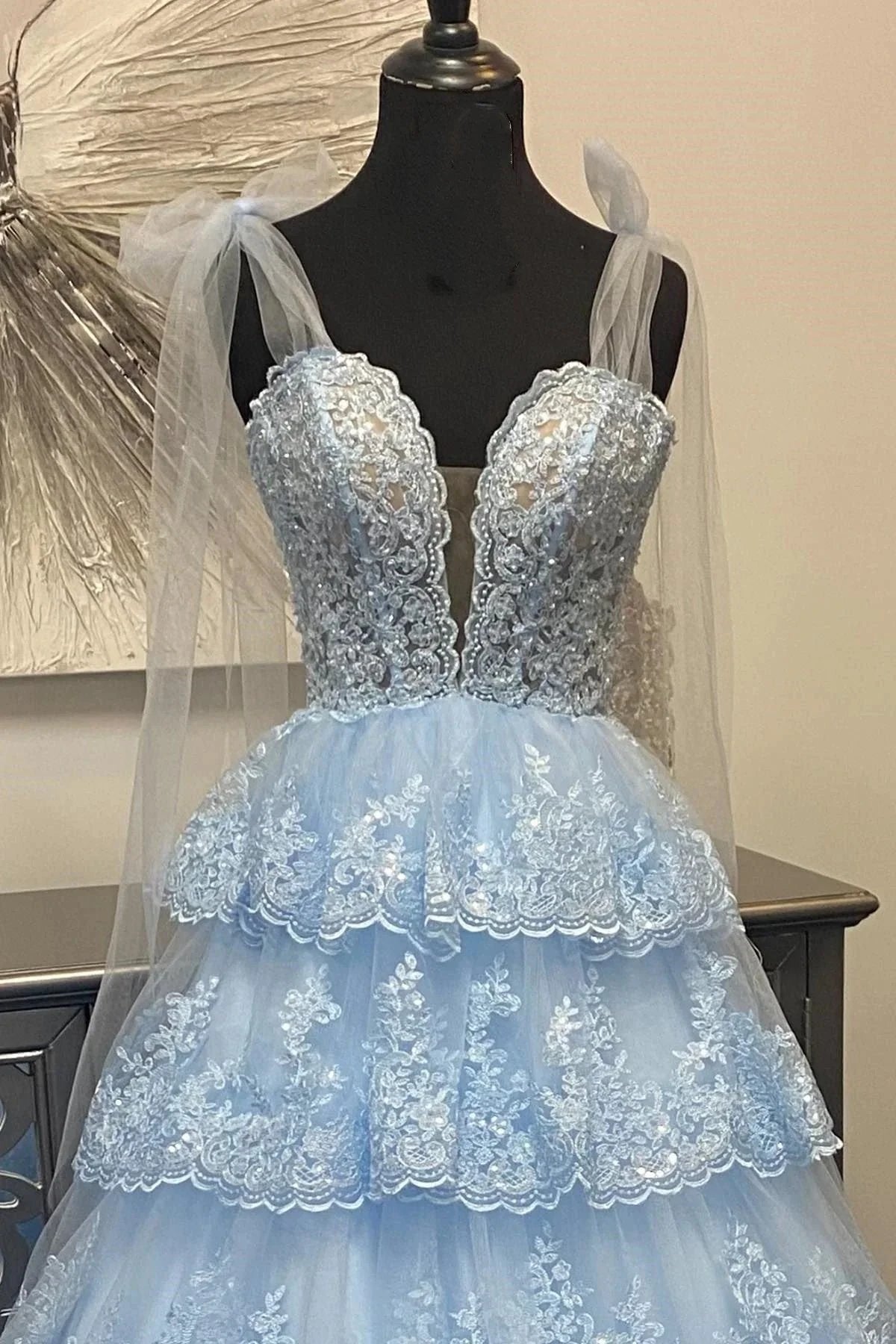 Thelma | Light Blue Tulle Appliques Tying Strap Ruffle Tiered Long Prom Dress by KissProm