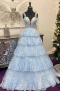 Thelma | Light Blue Tulle Appliques Tying Strap Ruffle Tiered Long Prom Dress by KissProm