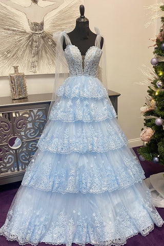 Thelma | Light Blue Tulle Appliques Tying Strap Ruffle Tiered Long Prom Dress