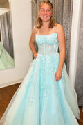 Nell | Aqua Blue Appliques Strapless A-Line Long Prom Dress by KissProm