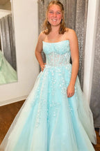 Nell | Aqua Blue Appliques Strapless A-Line Long Prom Dress by KissProm