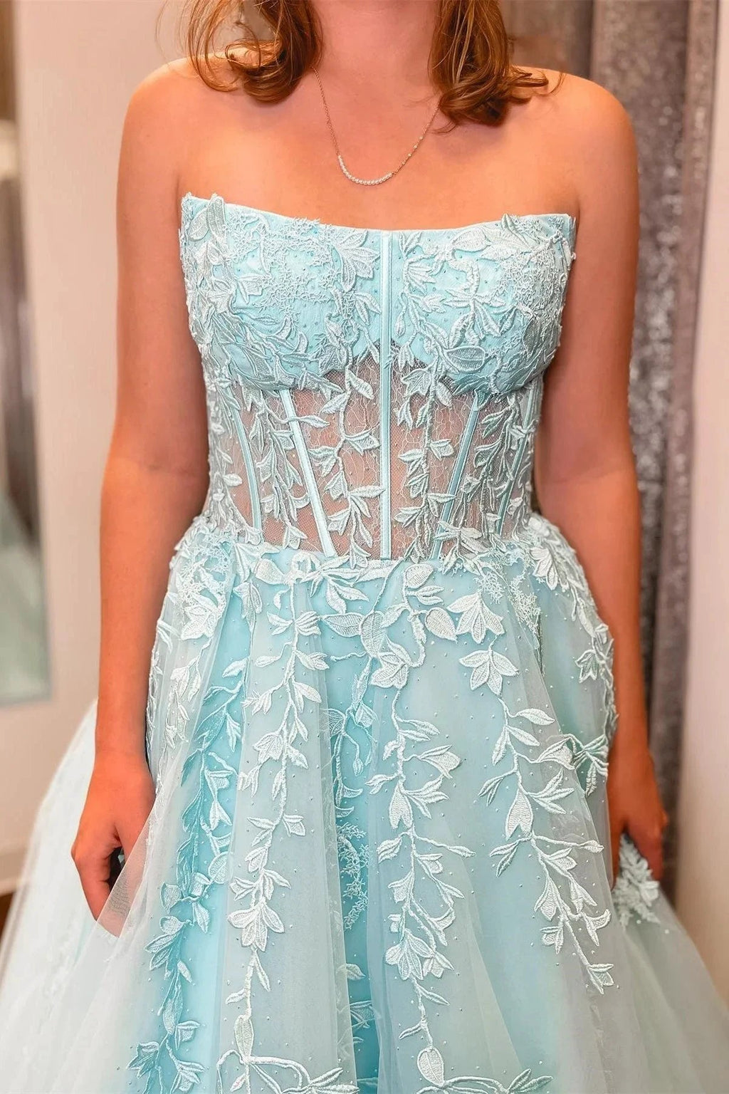 Nell | Aqua Blue Appliques Strapless A-Line Long Prom Dress by KissProm
