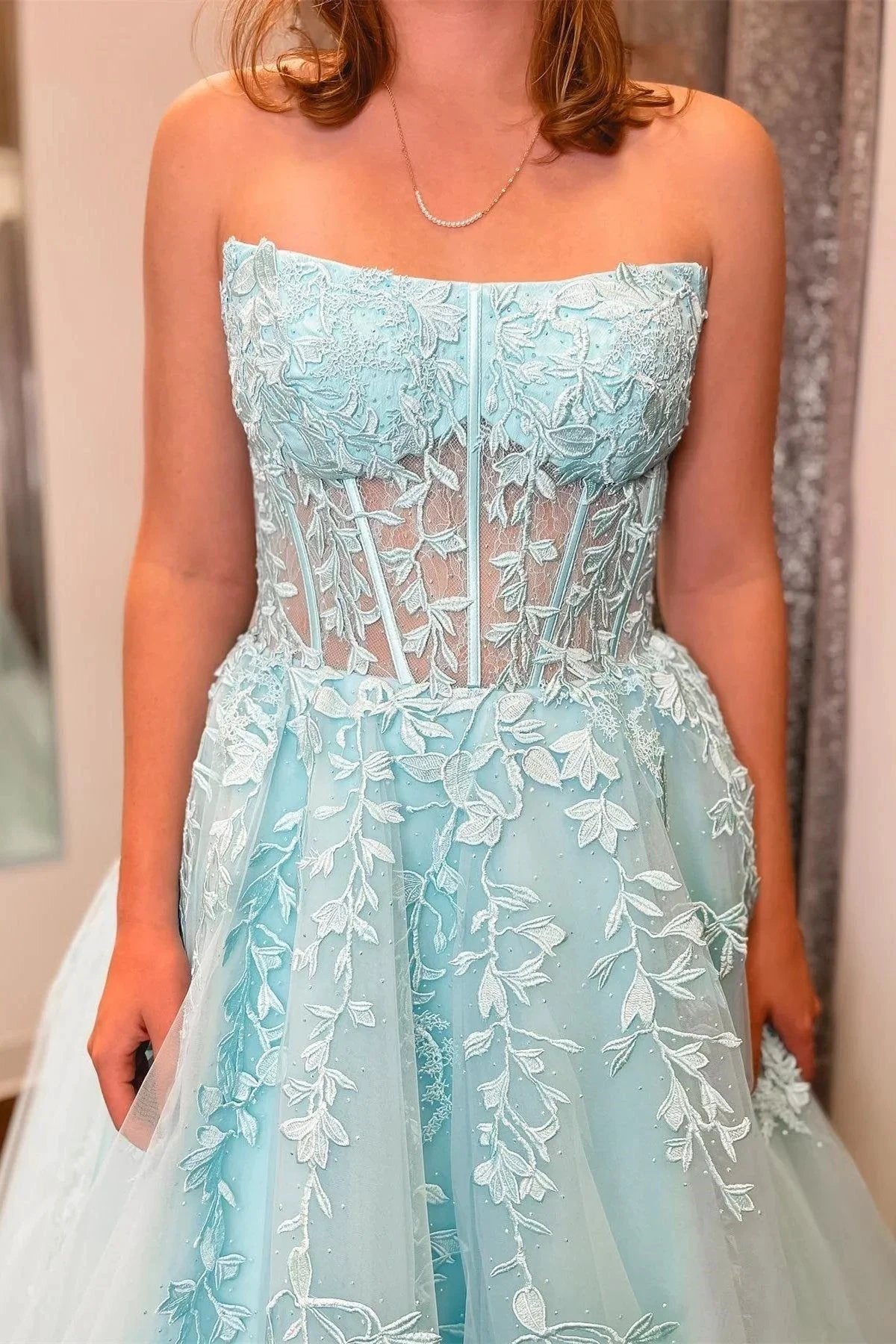 Nell | Aqua Blue Appliques Strapless A-Line Long Prom Dress by KissProm