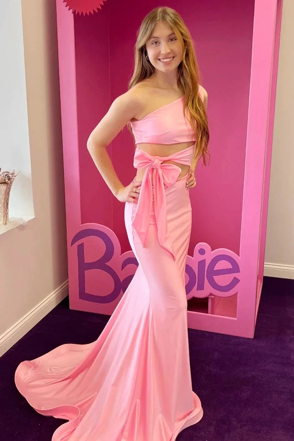 Melanie | Pink One-Shoulder Cutout Trumpet Long Prom Dress by KissProm