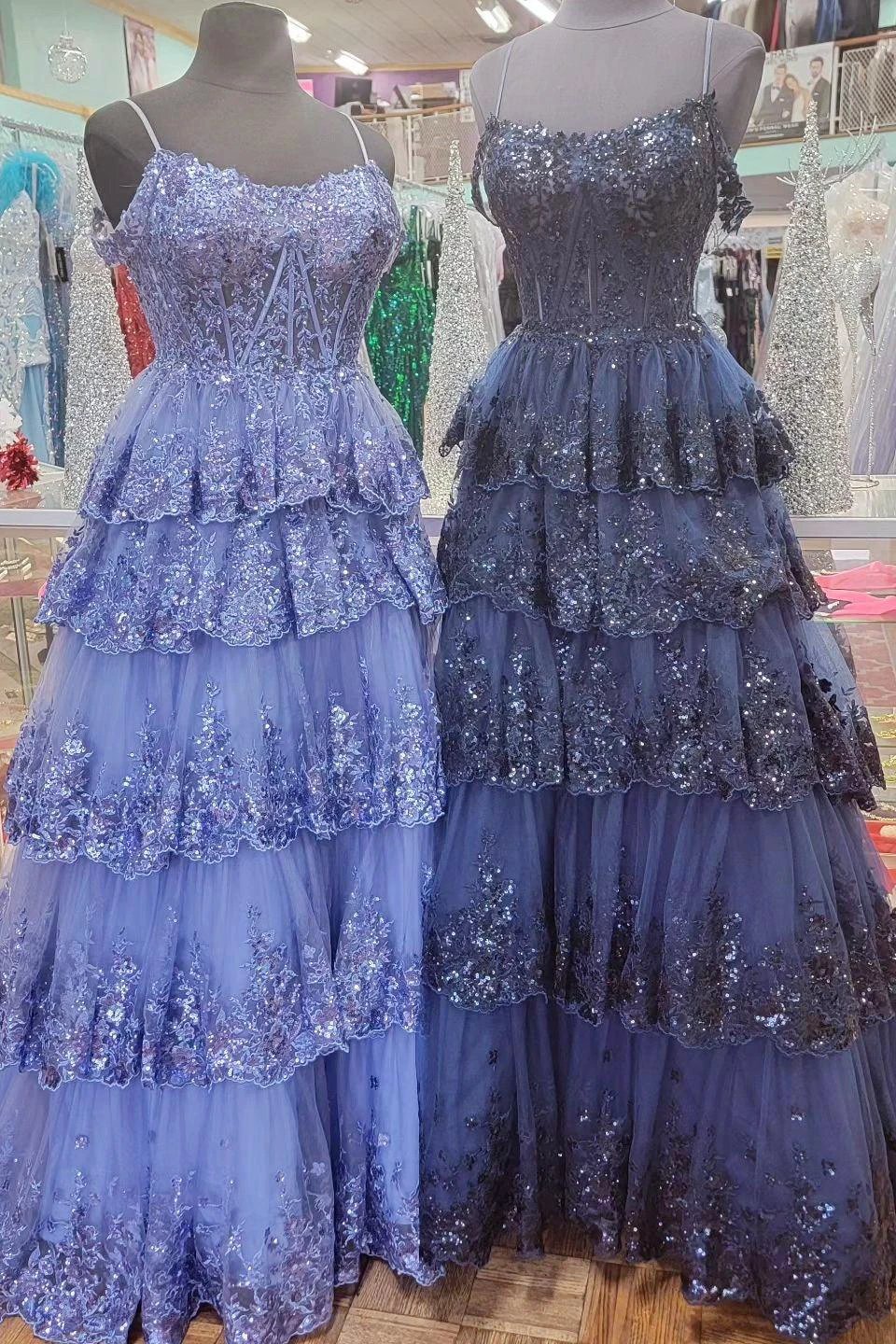 Maureen | Tulle Sequin Cold-Shoulder Ruffle Tiered Long Prom Dress by KissProm