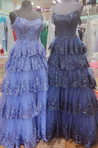 Maureen | Tulle Sequin Cold-Shoulder Ruffle Tiered Long Prom Dress by KissProm