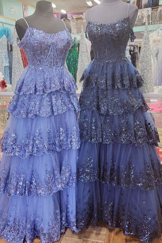 Maureen | Langes Ballkleid aus Tüll mit Pailletten, schulterfreien Rüschen und Stufen