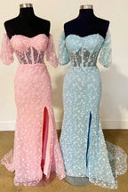 Mindy | Pink 3D Floral Lace Sweetheart Mermaid Long Prom Dress with Slit by KissProm