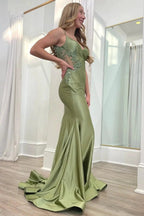 Sage Green Spaghetti Strap Backless Trumpet Long Gown by KissProm