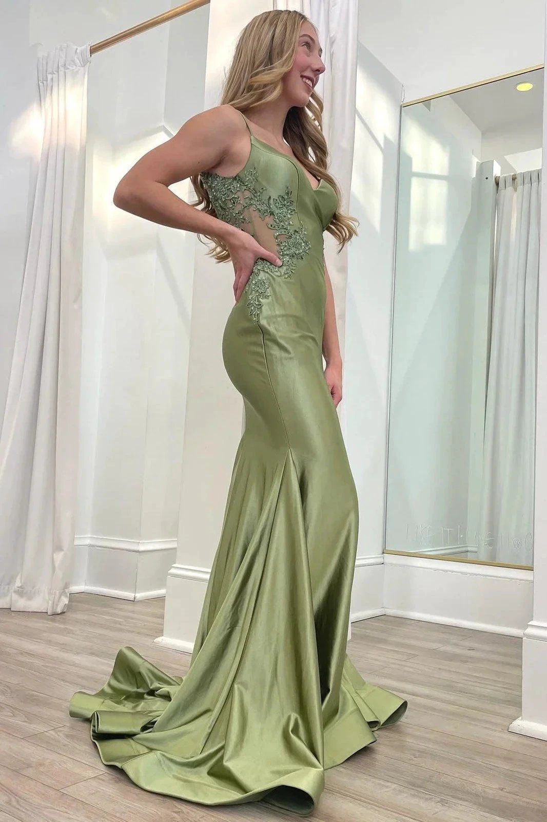 Sage Green Spaghetti Strap Backless Trumpet Long Gown by KissProm