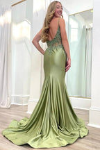 Sage Green Spaghetti Strap Backless Trumpet Long Gown by KissProm