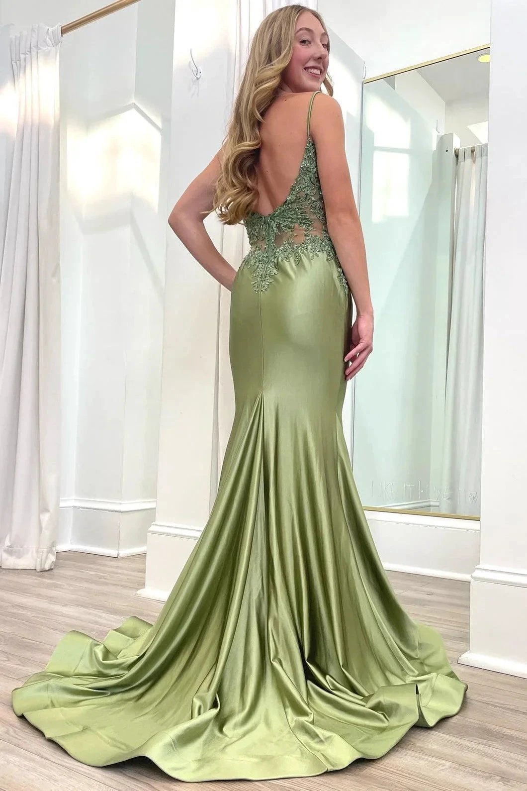 Sage Green Spaghetti Strap Backless Trumpet Long Gown by KissProm