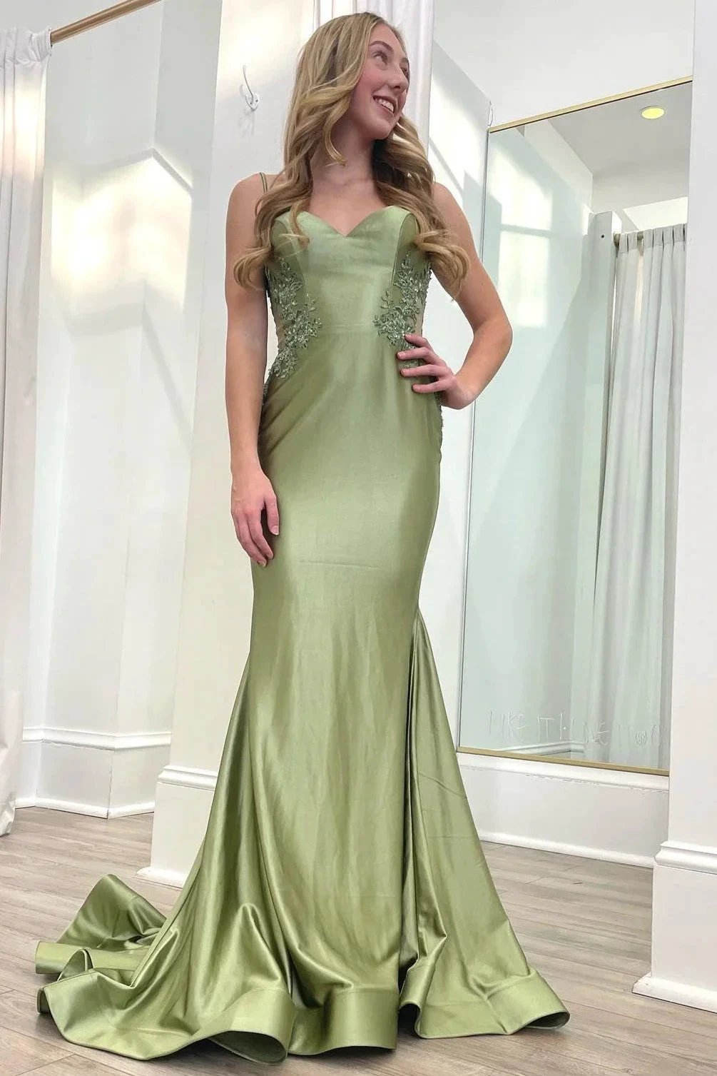 Sage Green Spaghetti Strap Backless Trumpet Long Gown by KissProm