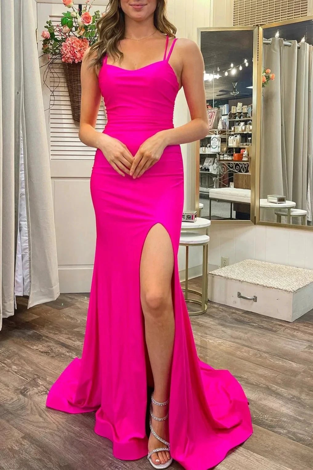 Hot Pink Scoop Neck Lace-Up Trumpet Long Formal Dress by KissProm