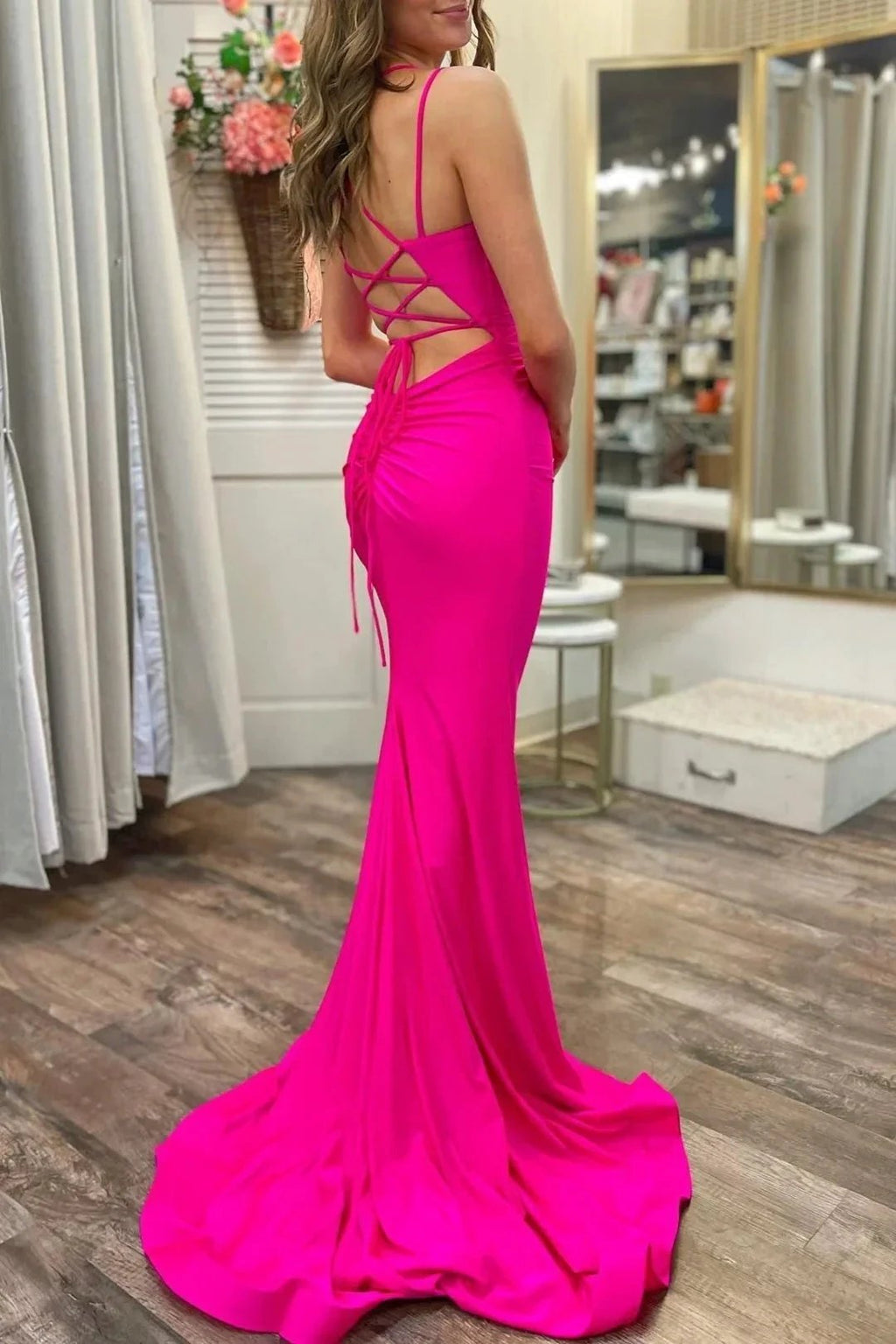 Hot Pink Scoop Neck Lace-Up Trumpet Long Formal Dress by KissProm
