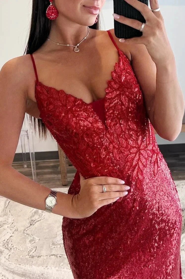 Red Sequin Plunge V Backless Mermaid Maxi Dress with Slit by KissProm