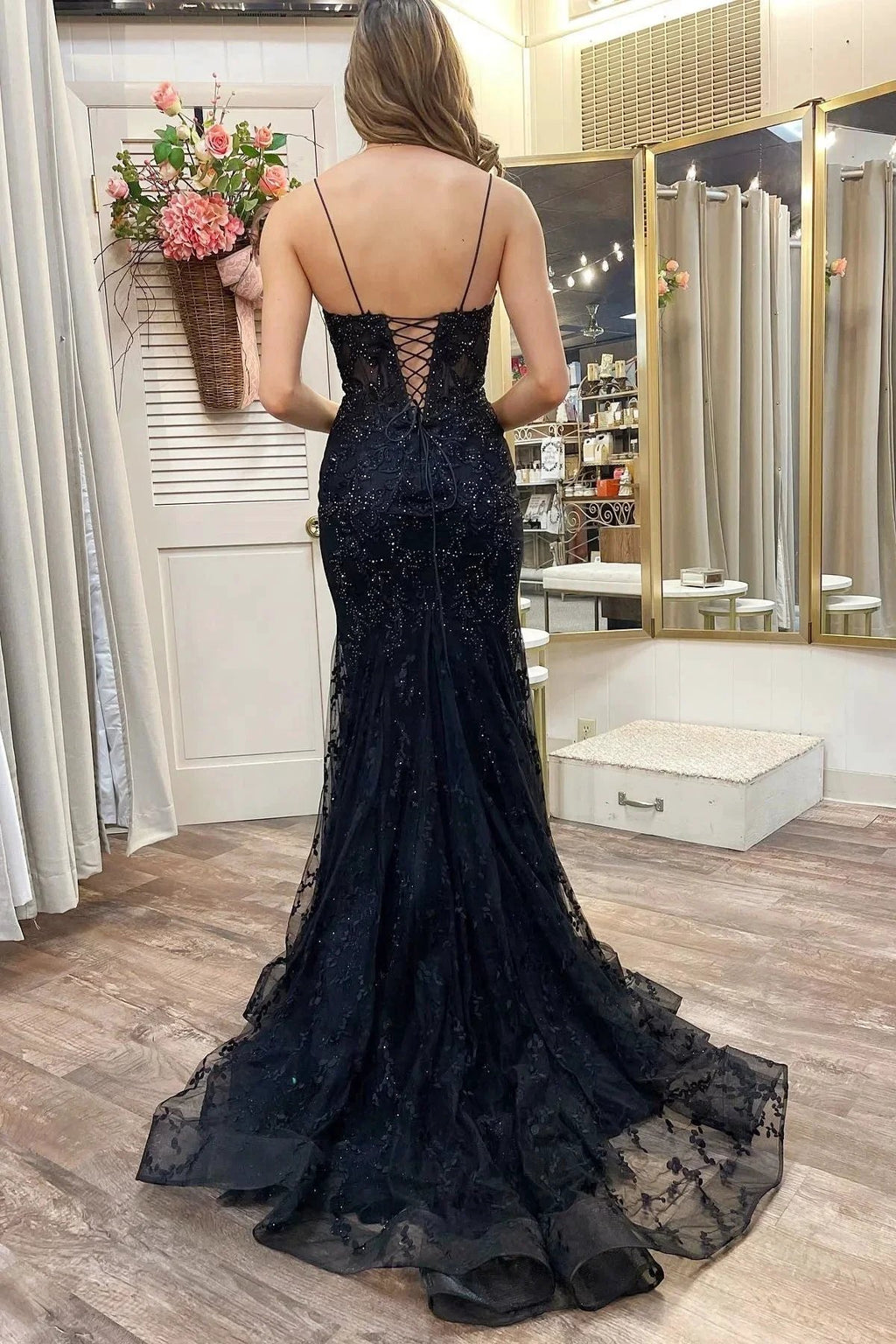 Black Appliques Plunge V Lace-Up Trumpet Prom Gown by KissProm