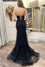 Black Appliques Plunge V Lace-Up Trumpet Prom Gown by KissProm