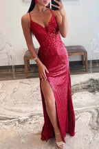 Red Sequin Plunge V Backless Mermaid Maxi Dress with Slit by KissProm