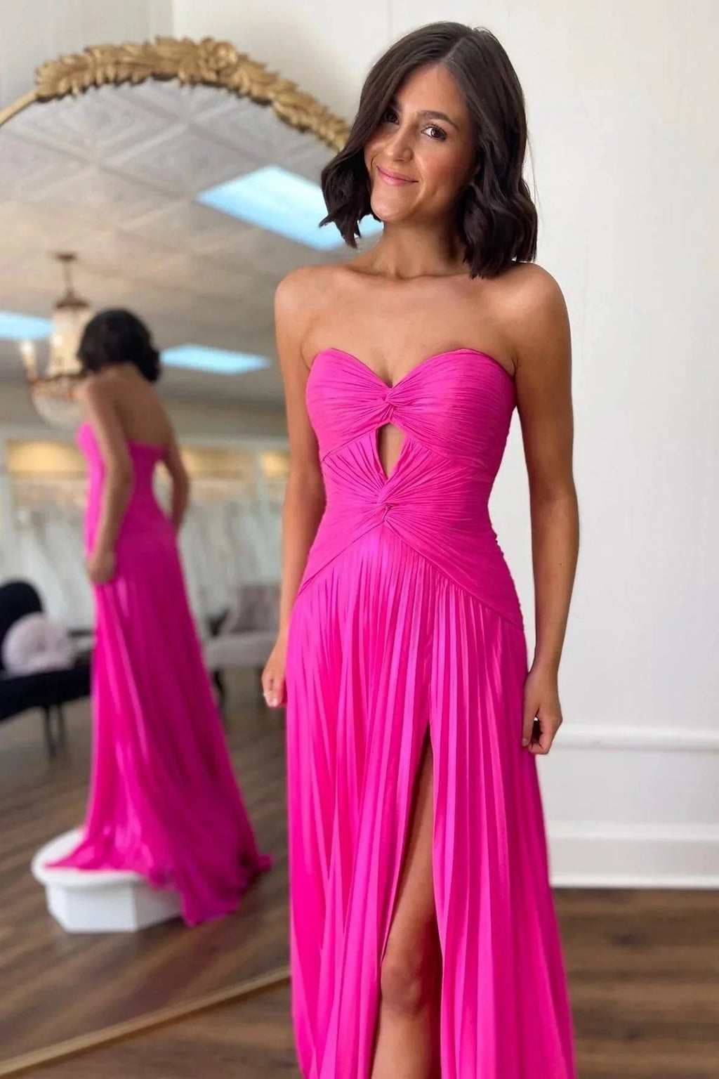 Hot Pink Strapless Keyhole Pleated A-Line Prom Dress by KissProm