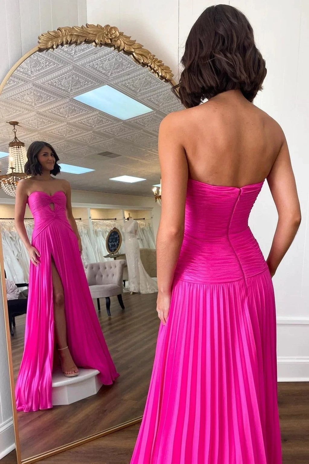 Hot Pink Strapless Keyhole Pleated A-Line Prom Dress by KissProm