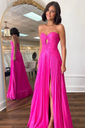 Hot Pink Strapless Keyhole Pleated A-Line Prom Dress by KissProm