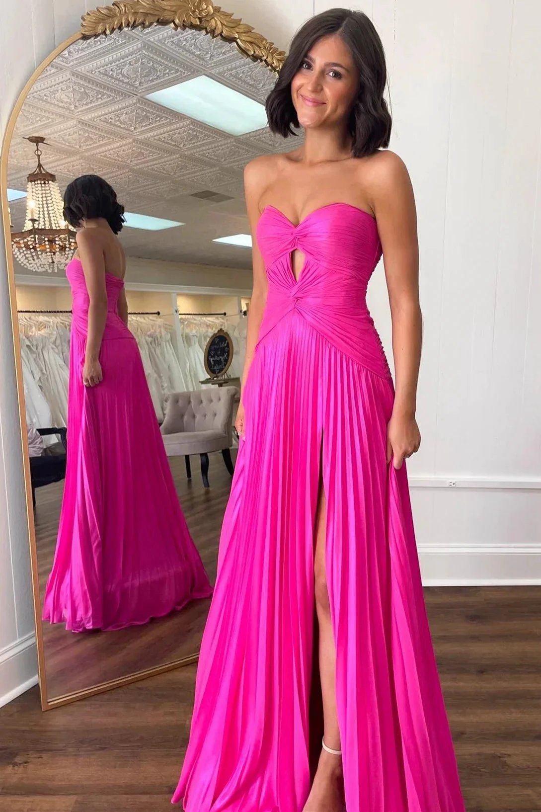 Hot Pink Strapless Keyhole Pleated A-Line Prom Dress by KissProm