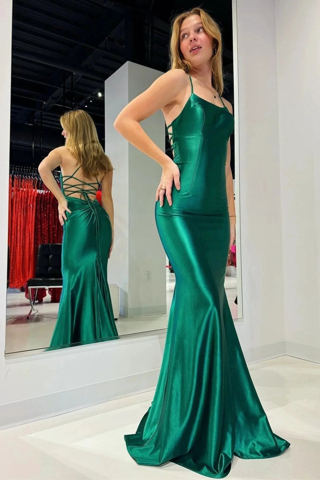 Emerald Scoop Neck Lace-Up Mermaid Long Prom Gown by KissProm