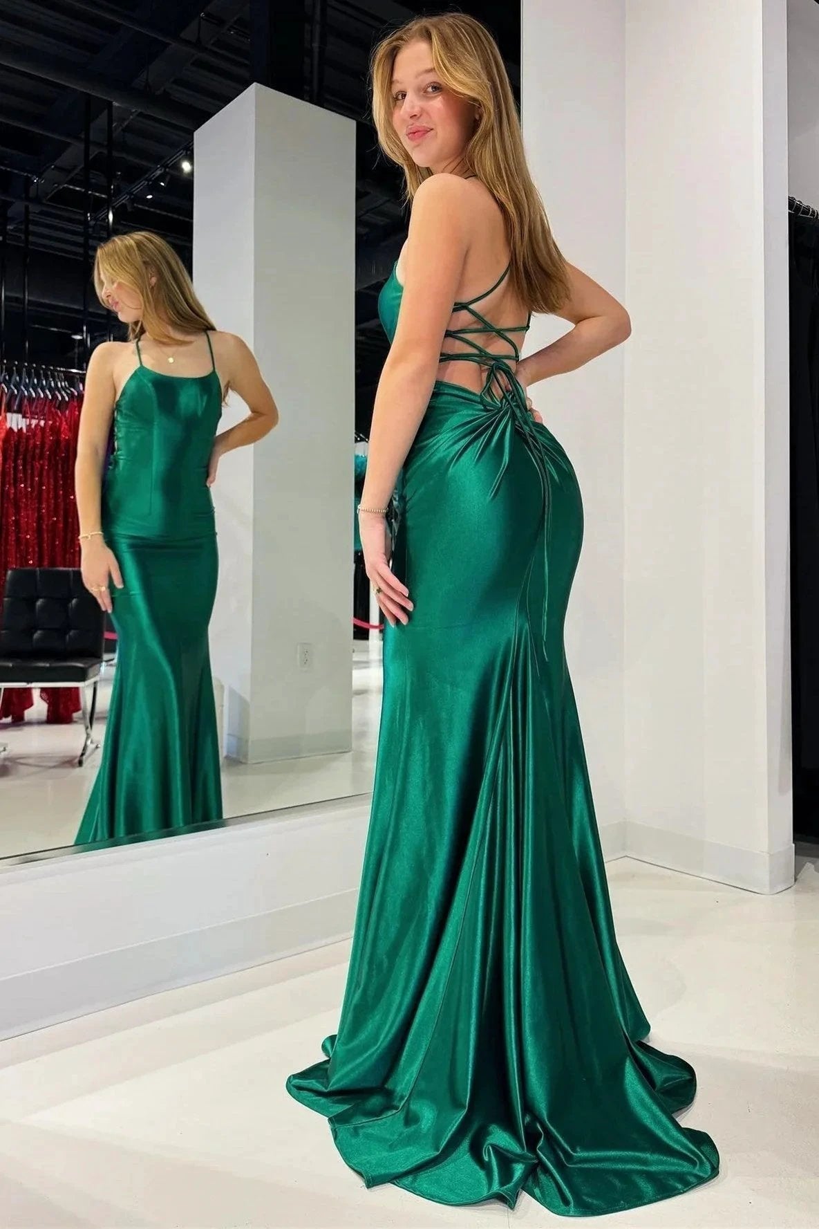 Emerald Scoop Neck Lace-Up Mermaid Long Prom Gown by KissProm