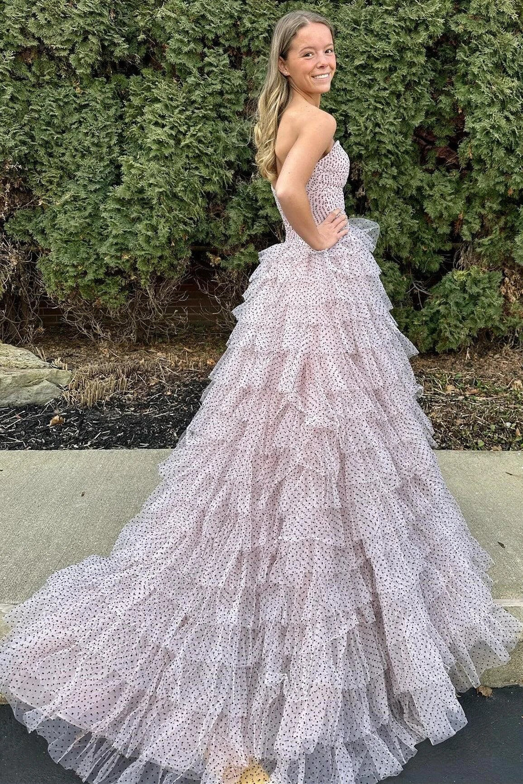 Polka Dot Strapless Ruffle Tiered Prom Gown with Keyholes by KissProm