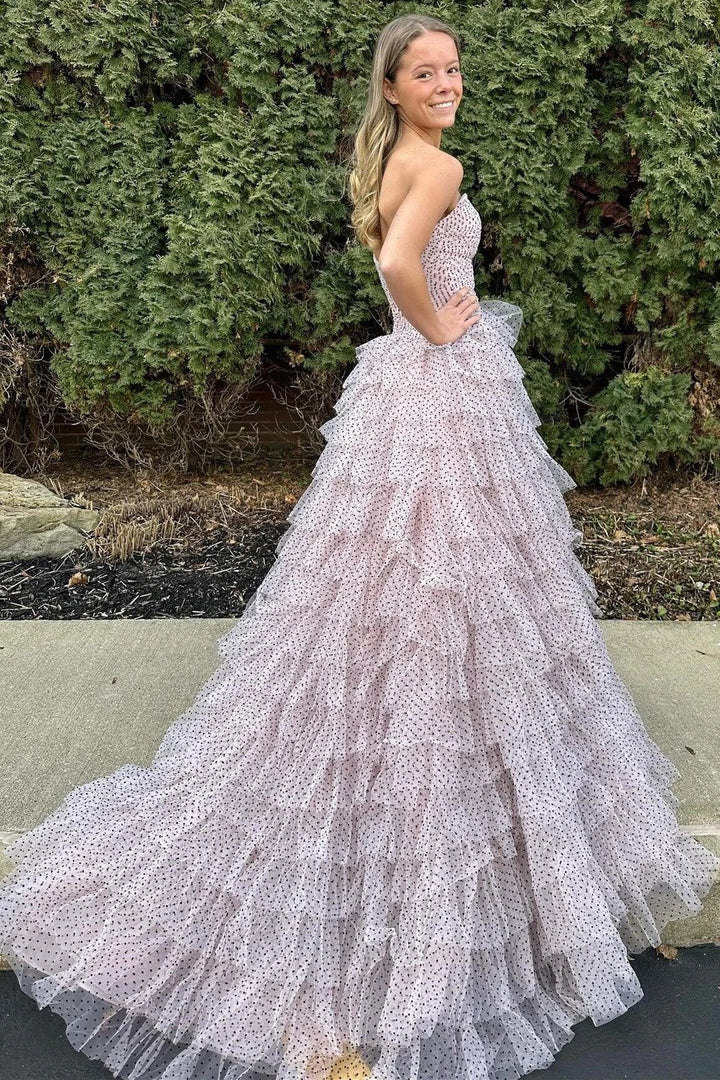 Polka Dot Strapless Ruffle Tiered Prom Gown with Keyholes by KissProm